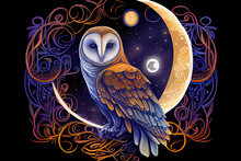 Moon Owl And Stars Boho Sketch, Night Sky, Barn Owl, Ornate Scrollwork Patterns