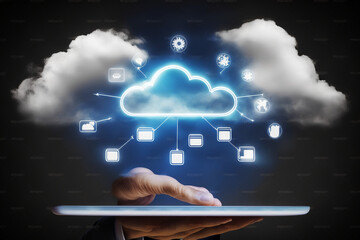 Poster - Hand of businessman showing cloud computing on tablet, Computer system resources and data storage, Generative AI
