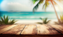 Wooden Table In Front Of Abstract Blurred Sea And Coconut Tree Background. For Present Your Products. Generative AI.