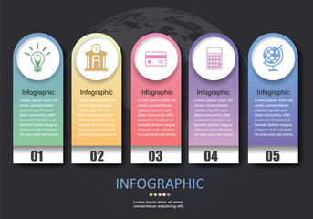 Poster - vector infographic with 5 vertical data storage space with white buttons showing 5 types of icons on