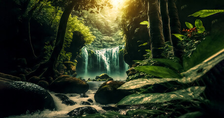Poster - A beautiful fairytale enchanted jungle rainforest with sunbeams and waterfall.. Enchanted tropical rain forest. Digital art	