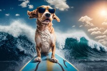 Happy Dog Wearing Sunglasses Standing On A Surfing Board While Wave Surfing, With Blue Sky White Cloud, Generative Ai