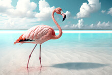 Flamingo Walking On Tropical Beach With Blue Sky White Clouds Abstract Background. Nature Environment And Animal Concept. Generative Ai