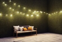 String Of Lights In The Garden With Garden Bench And Sheltered Corner Hidden By Hedges In The Evening. Generative AI