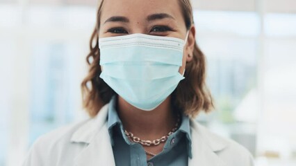 Poster - Covid, vaccine or hand with a doctor asian woman holding a bottle of medication in a hospital. Portrait, mask and treatment with a female medicine profession finished with her research or development