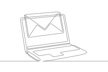Poster - one continuous line. letter on laptop screen.open laptop.email. mail. letter in an envelope. one con