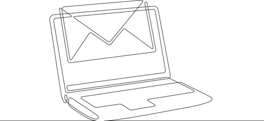 One continuous line. Letter on laptop screen.Open laptop.Email. Mail. Letter in an envelope. One continuous line drawn isolated, white background.