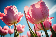 Beautiful Pink Tulips Against A Blue Sky, Generative AI