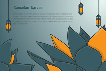 Poster - Ramadan kareem template design with leaves and simple lantern in hand drawn design