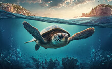 Turtle Swims Underwater In The Sea, Against The Backdrop Of Beautiful Nature, Summer Day, Generative Ai