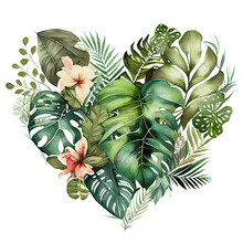 Heart Shaped Tropical Leaf Bouquet, Romantic Heart Vignette Made Of Vintage Tropical Leaves Gentle Retro Style Watercolor Painting, PNG Transparent Background, Generative AI.