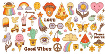 Hippy Stickers. Groovy Icons With Peace Sign, Flower, Mushroom, Smile. Retro Boho 70s Clipart. Doodle Emoji Graphic. Hippie Element. Logo, Tattoo, Music Cute Psychedelic Vector Art. Hippy Groovy Funky