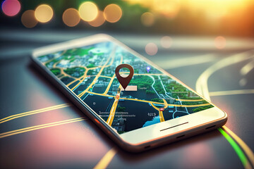 Smartphone with gps navigator icon and map on blur traffic road. Generative AI