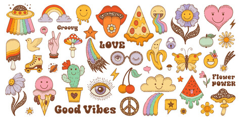hippy stickers. groovy icons with peace sign, flower, mushroom, smile. retro boho 70s clipart. doodl