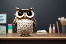 Cute Cartoon Owl In Front Of A Blackboard. Generative AI