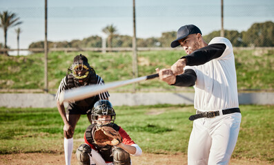 Wall Mural - Baseball, bat and swinging with a sports man outdoor, playing a competitive game during summer. Fitness, health and exercise with a male athlete or player training on a field for sport or recreation