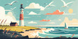 summer sunny landscape flat vector style with lighthouse and seagulls in pastel cheerful colors, generative AI.