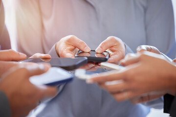 Aufkleber - hands, phone and networking with business people sharing information or data in their communication 