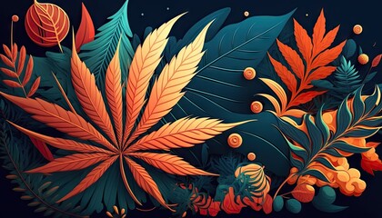 Wall Mural - Beautiful Designer 420 Cannabis Seasonal Background with Simple illustrations Bright color Modern Wallpaper Template with Vibrant Hues for Presentation, Ad, and All Applications (generative AI)