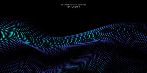 Wall Mural - Flowing dot particles wave pattern 3D curve blue and green gradient light isolated on black background. Vector in concept of AI technology, science, music.