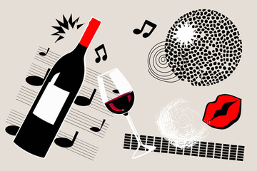 Party and disco art collage. Abstract music background with geometric shapes, lips and wine