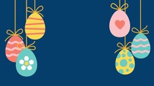 Easter Eggs In A Doodle Style Fall On Top And Hanging On A Rope. 4K Animation On A Blue Background For Text Massage
