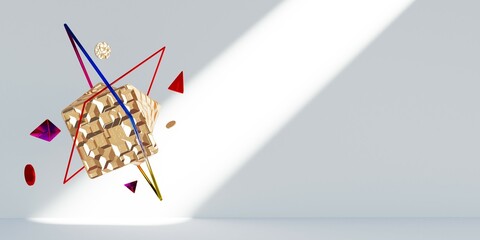 Poster - Concept color 3d geometric composition, 3d illustration. Geometry shapes design elements flying scattered.