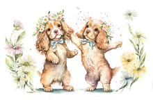 Two Happy Cocker Spaniel Puppies In Flower Crowns Dancing In Spring. Digital Watercolor Cartoon Over Generative Ai.
