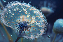 Dew Drops On A Dandelion Plant Macro. Created With Generative AI Technology.