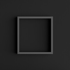 Wall Mural - Black, square shape, blank picture frame hanging on black wall background. Abstract 3D rendering. Blank mock up frame on a wall.