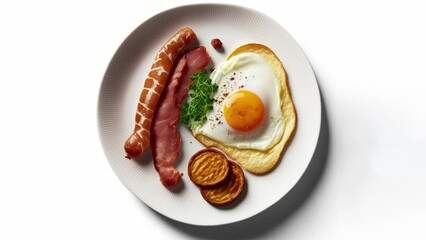 Wall Mural - Fried egg, bacon and chicken sausage in white plate, isolated on white background.