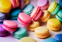 Pastel Colors French Macaroon Dessert Banner, Three Soft Colors Blue, Yellow, Pink Macarons. Generative AI
