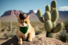 Cat Wearing A Cowboy Hat And A Bandana In Front Of A Cactus (AI Generated)