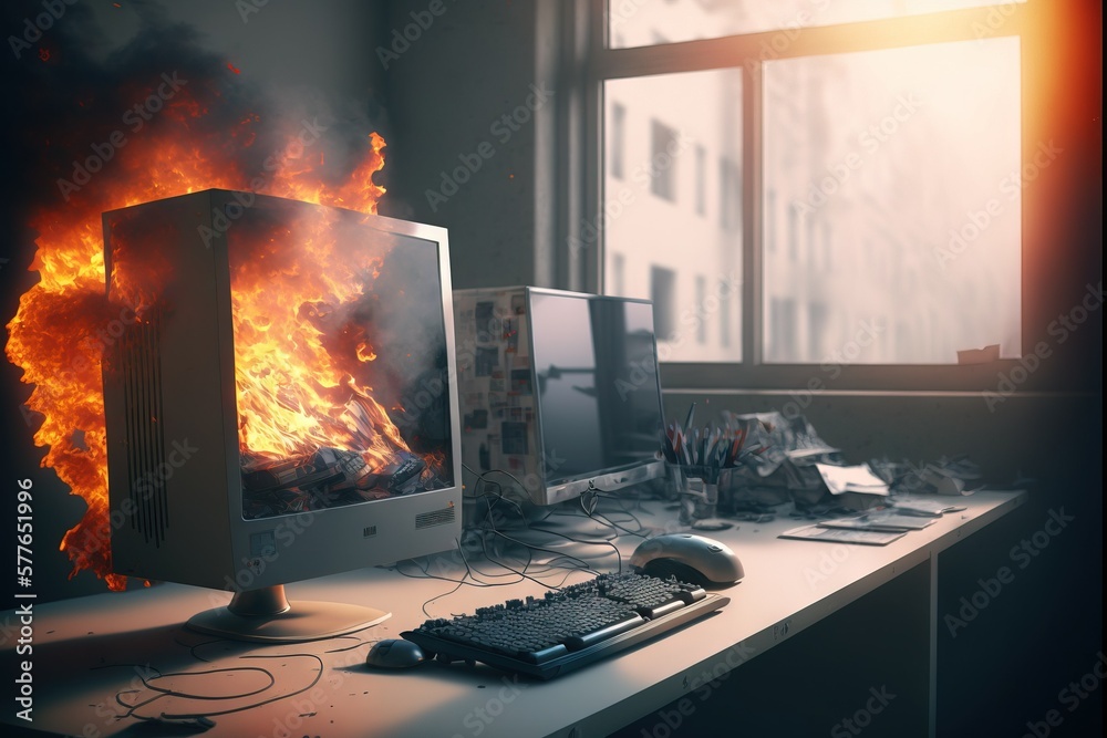 Deadlines are burning. Burnout concept. Monitor is caught on fire in ...