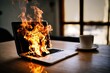 Deadlines are burning. Burnout concept. laptop is caught on fire.