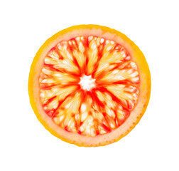 Bloody red orange kara-kara, cut lobule sectors, top view, to lumen in contour light isolated on white background with clipping path