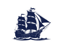 Old Ship Vector Illustration. Pirate Boat. Pirates. Sailing Vessel. Wooden Ship. Historical Vessel. Antique Ship. Sea-faring. Seaborne Transportation. Vector Illustration. Seafaring
