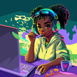 African girl gamer or streamer in a hijab and a headset sits at a computer