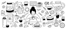 Doodle Tea. Cute Outline Woman With Cup And Sandwich Snacks. Hot Drink. Black Line Sketch. Traditional Sweet Macaroons. British Or English Beverage Time. Vector Recent Icon Background