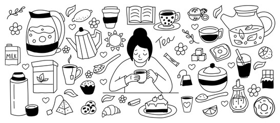 Doodle tea. Cute outline woman with cup and sandwich snacks. Hot drink. Black line sketch. Traditional sweet macaroons. British or English beverage time. Vector recent icon background