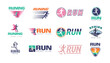 © Natalia - Marathon logo. Sport run club. Athlete runners on logotype. Exercise challenge color sign. Sprinters emblems. Active man race. Speed running. Sprinting sportsman. Vector design icons set