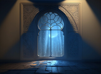 Wall Mural - Mosque window and crescent Ramadan Kareem , Generative Ai
