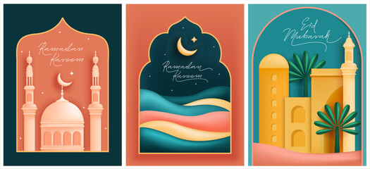 Ramadan Kareem Set of posters, holiday cards, covers. Modern colorful design with mosque, moon crescent