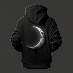 black sweatshirt with a hood on which the moon is drawn