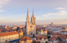 Zagreb Old Town And Cathedral In Background. Sightseeing Place In Croatia. Beautiful Sunset Light.