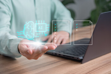 Poster - AI technology. Document Management System (DMS), online documentation database and process automation to efficiently manage files and modern knowledge with Ai. Corporate business technology.