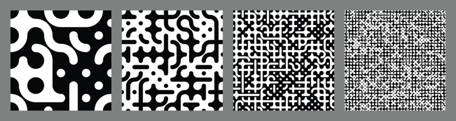 Set of four seamless Truchet tiling patterns. Repeating geometric black and white shapes. Creative coding computational design.
