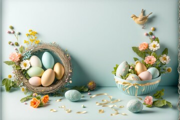 Wall Mural - Happy Easter concept with easter eggs in nest and spring flowers. Easter background with copy space. Generative AI