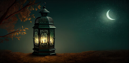 arabic lantern of ramadan celebration background illustration. copy space area background. Generative AI