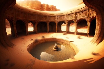 Sticker - oases with wells in desert ancient cistern, created with generative ai